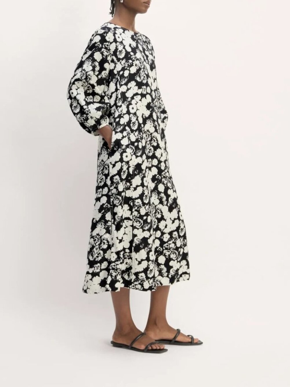 Everlane Women's Size 16 Floral Linen A-Line 3/4 Sleeve Black Midi Dress NEW
